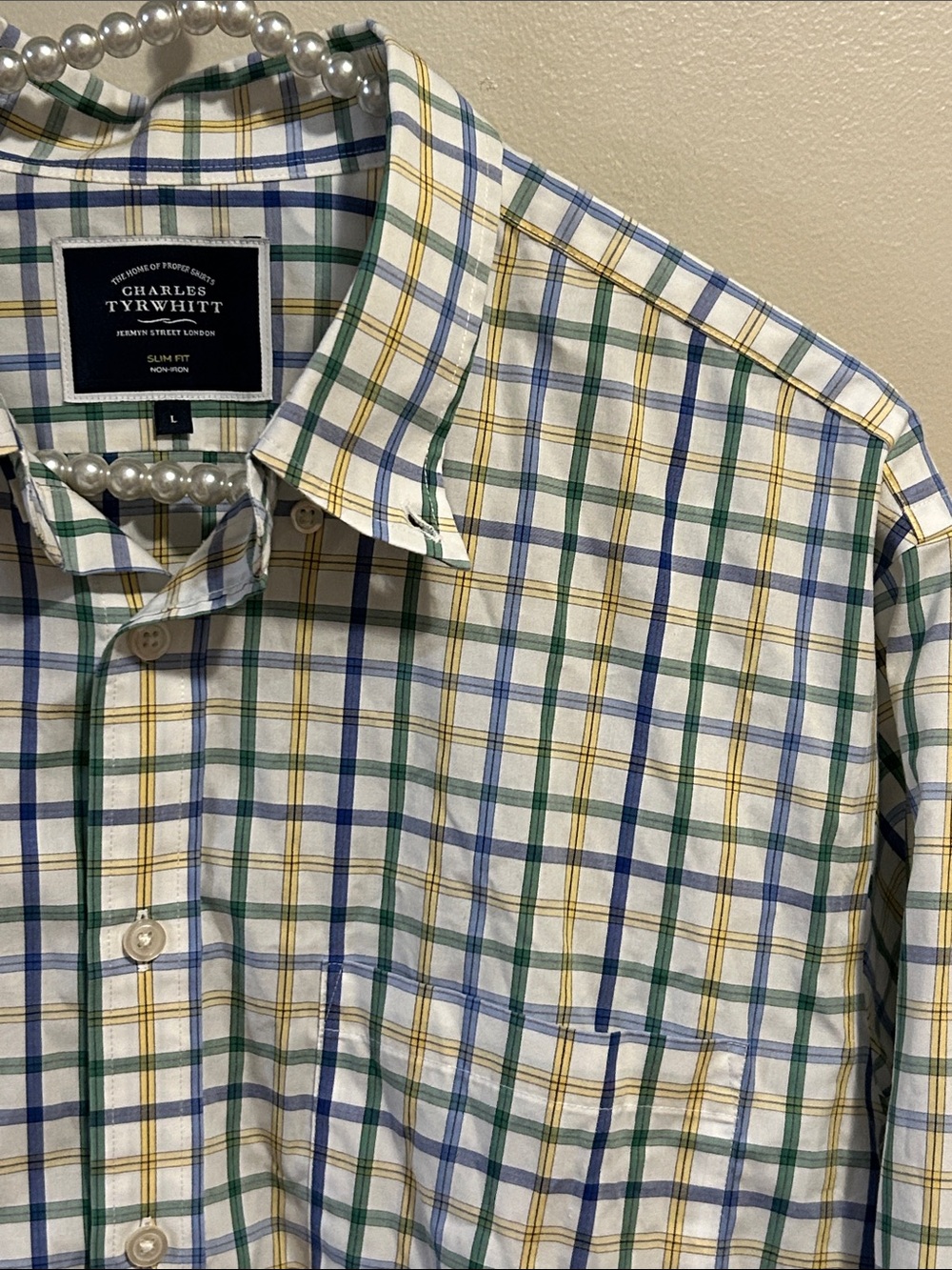 Charles Tyrwhitt Mens Dress Shirt Large L Green Blue Plaid Non Iron Cotton Long